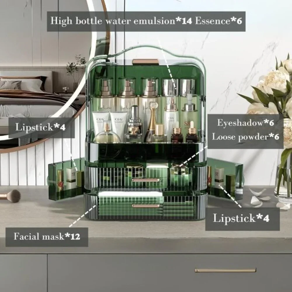 Clear Green Cosmetics Storage Box, Large Portable Waterproof Organizer with Lid